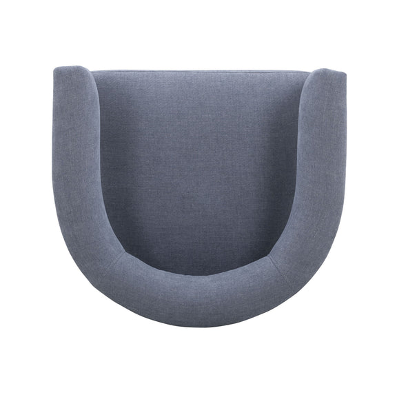 Blue upholstered dining chair backrest close-up with curved sides and soft fabric