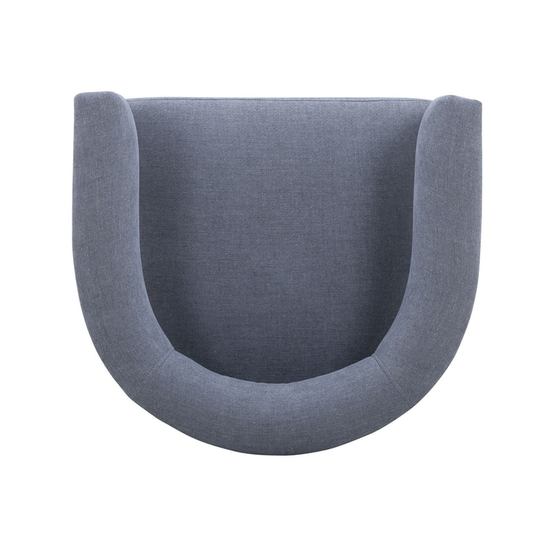 Blue upholstered dining chair backrest close-up with curved sides and soft fabric