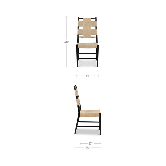 Natural dining chair side view, cross-back slats, padded seat and black legs