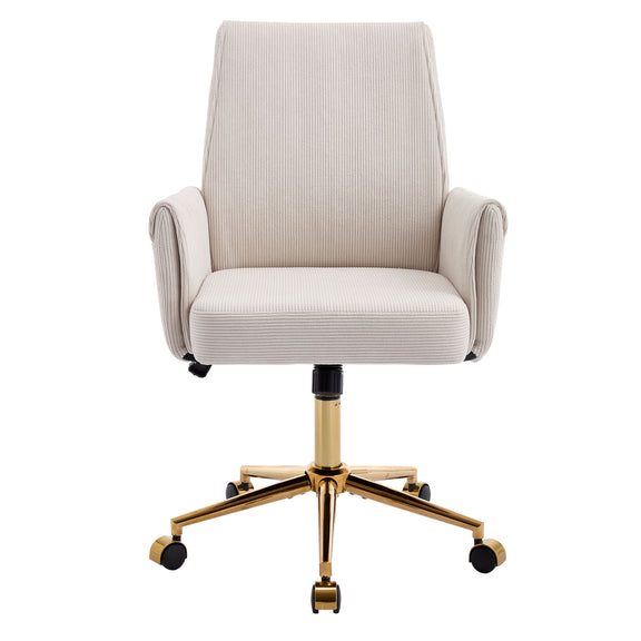 Mid-back office chair with light beige fabric seat, padded arms, and gold swivel base