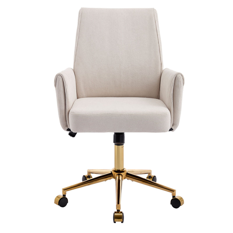 Mid-back office chair with light beige fabric seat, padded arms, and gold swivel base