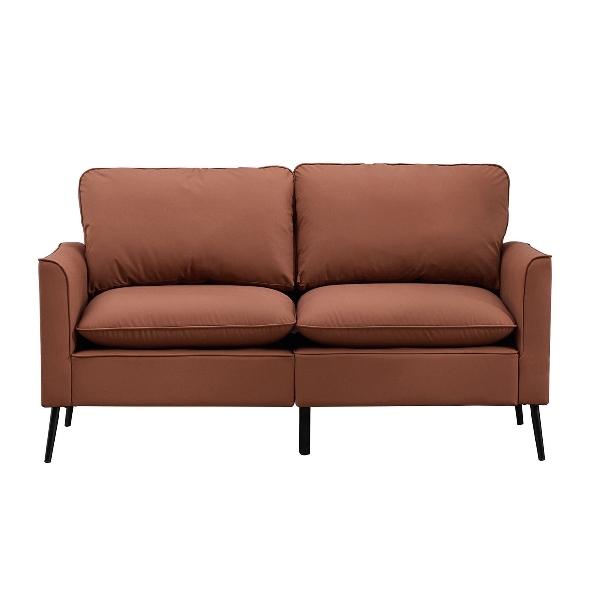 Brown upholstered loveseat sofa with plush padded back and seat cushions