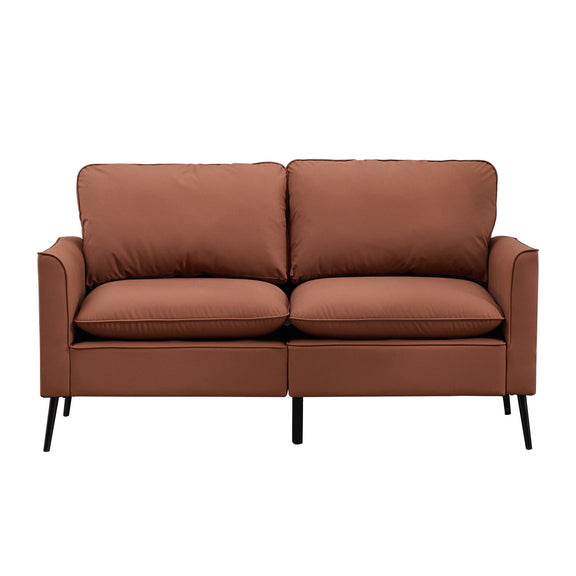 Brown upholstered loveseat sofa with plush padded back and seat cushions
