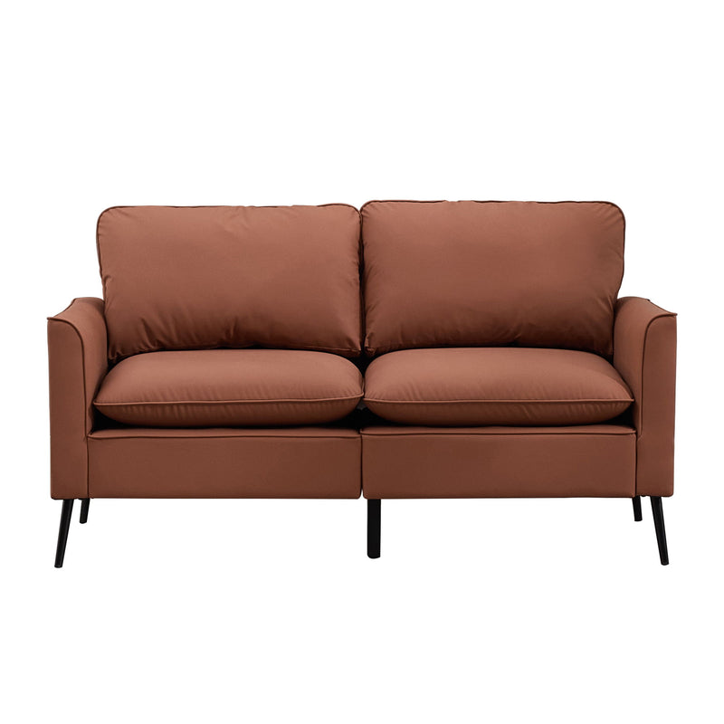 Brown upholstered loveseat sofa with plush padded back and seat cushions