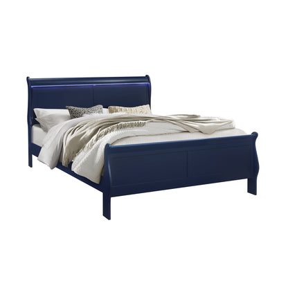 Blue upholstered bed frame with LED headboard and layered bedding, including pillows
