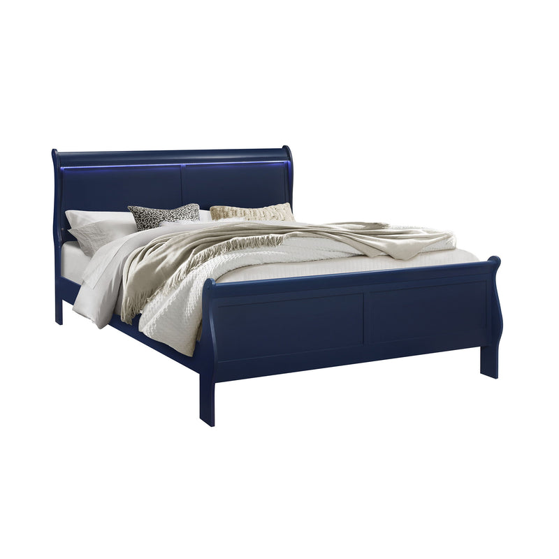 Blue upholstered bed frame with LED headboard and layered bedding, including pillows
