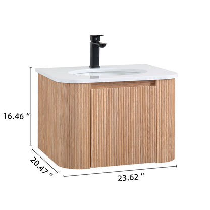 Light brown wall-mounted bathroom vanity with white countertop and built-in sink