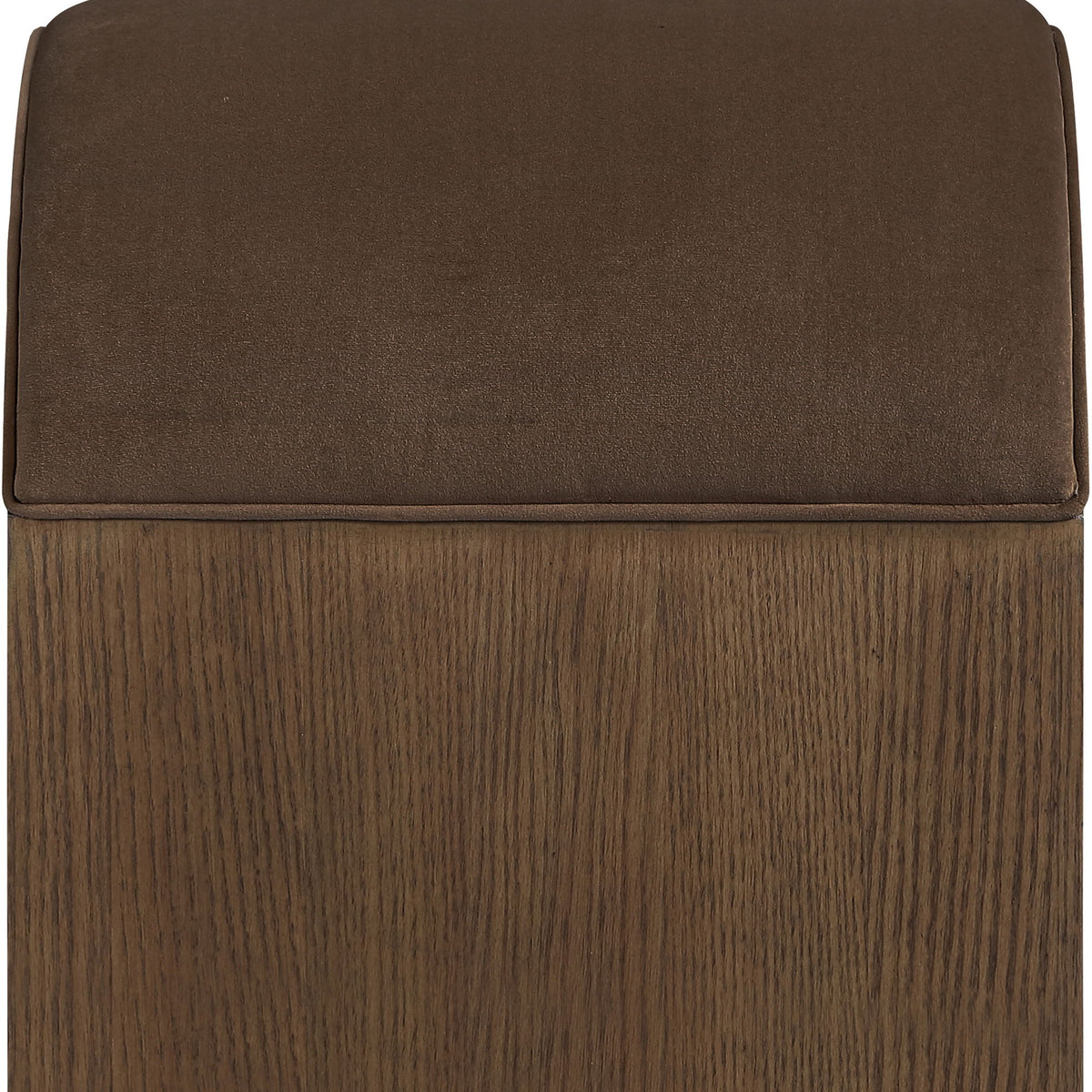 Sable velvet upholstered bench with dark brown seat cushion and wood base.