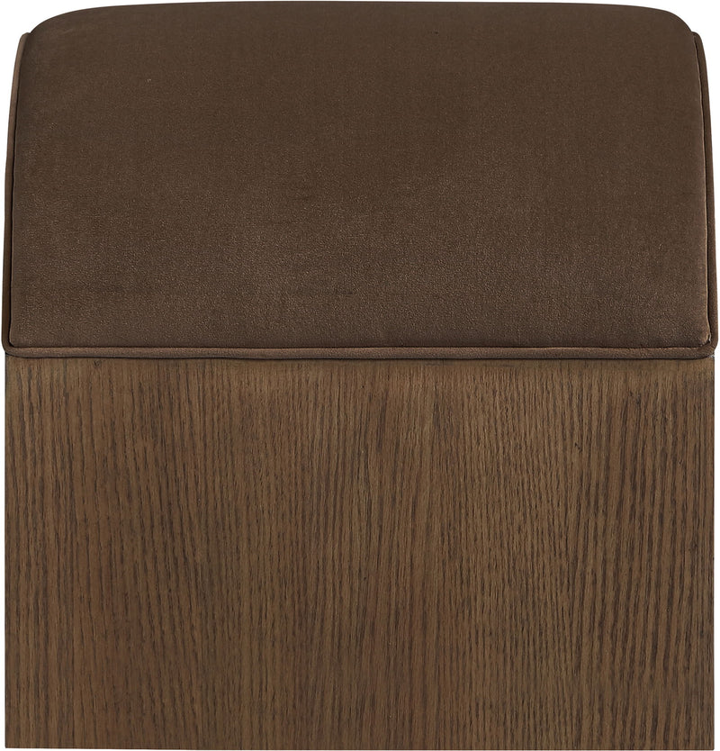 Sable velvet upholstered bench with dark brown seat cushion and wood base.