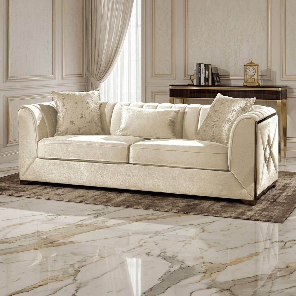 Front-facing beige fabric sofa with rolled arms and textured accent pillows