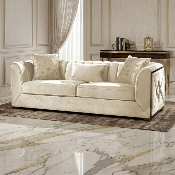 Front-facing beige fabric sofa with rolled arms and textured accent pillows
