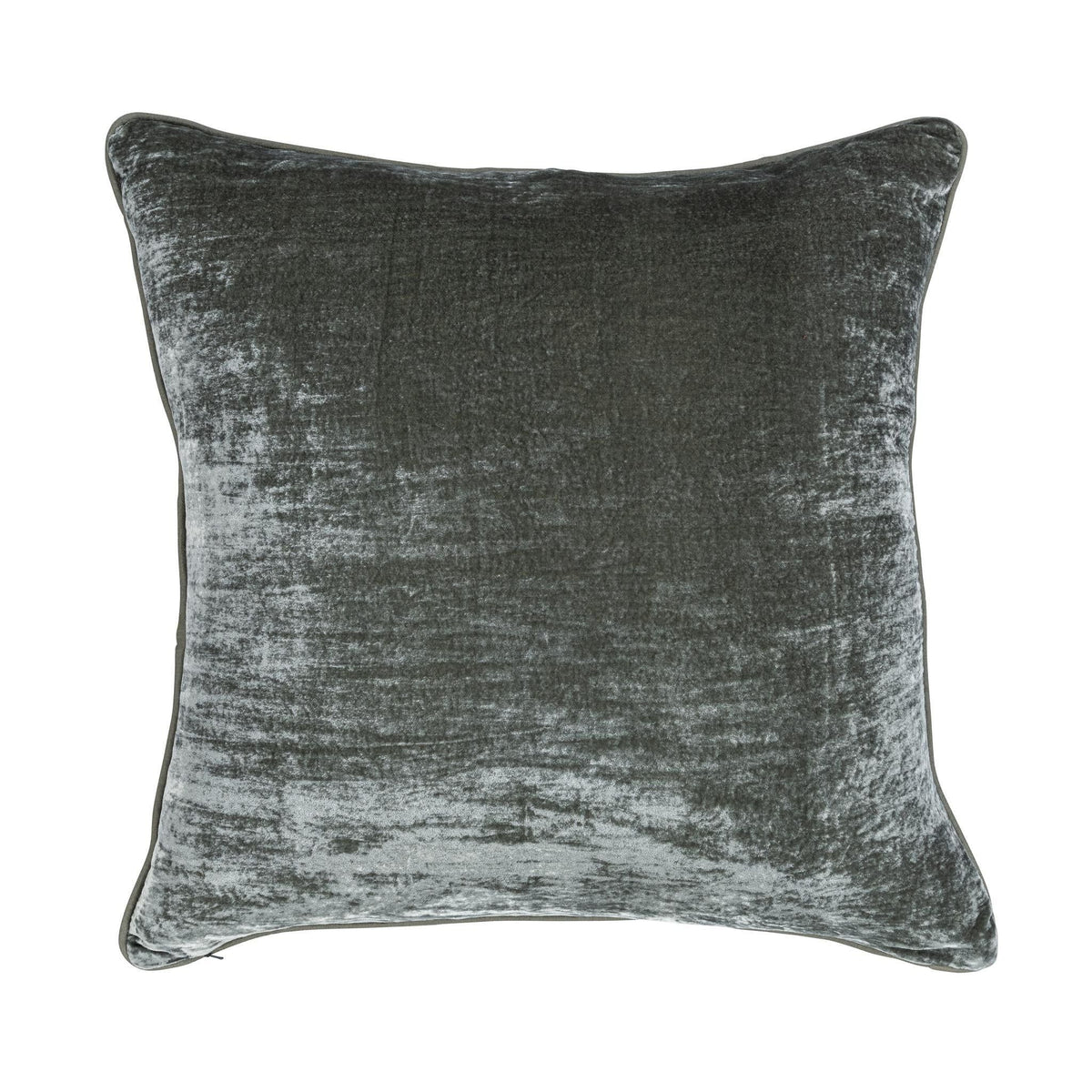 Dark gray lumbar pillow with distressed whitewash texture and piped edges