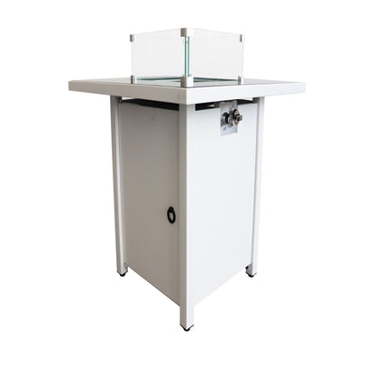 White powder-coated fire pit with glass top and side control knob