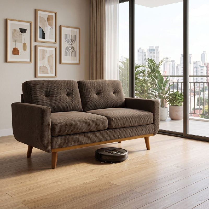 Dark brown two-seat sofa with button-tufted back and wood legs