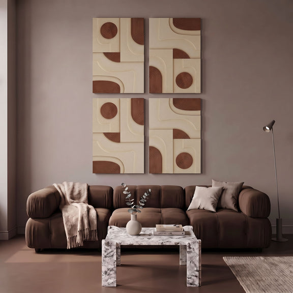 4-piece wall art set with brown concentric circles and arc details on cream blocks