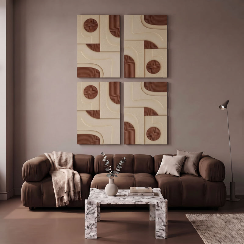 4-piece wall art set with brown concentric circles and arc details on cream blocks