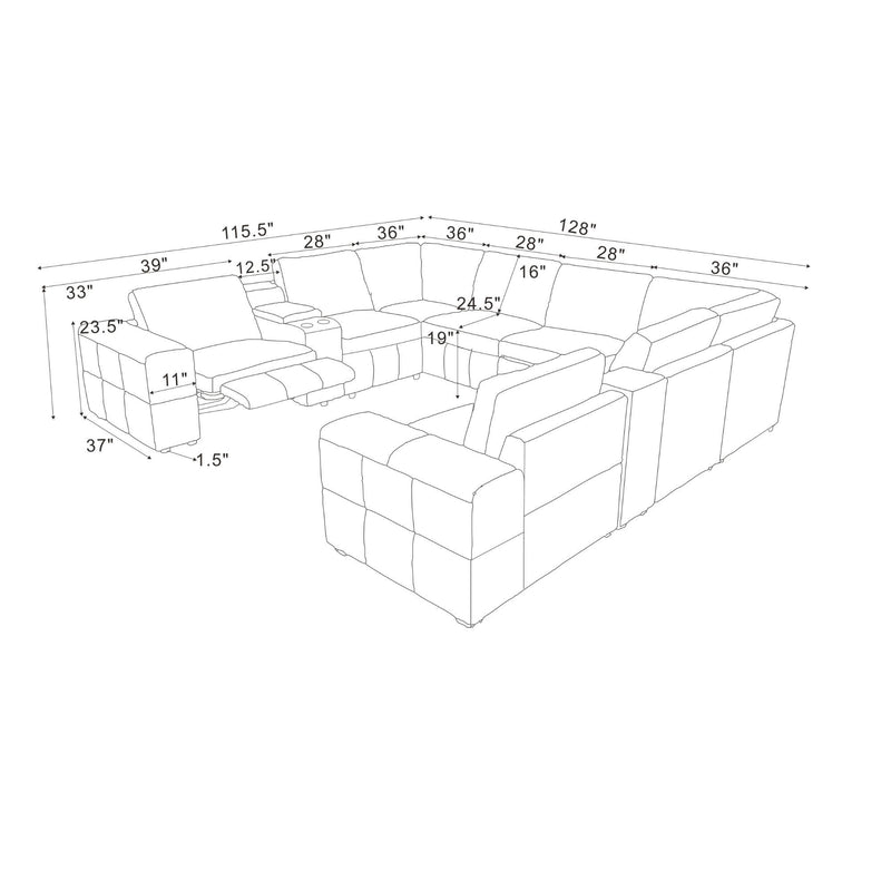 Upholstered Large Arms Sectional With Recliner Seats