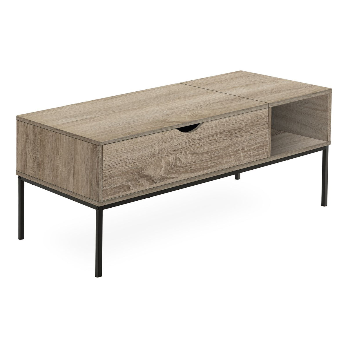 Rectangular lift-top cocktail table, light brown wood-look finish with shelf and black legs.
