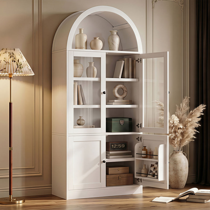 White arched-top storage cabinet with open shelving and two cabinet door compartments