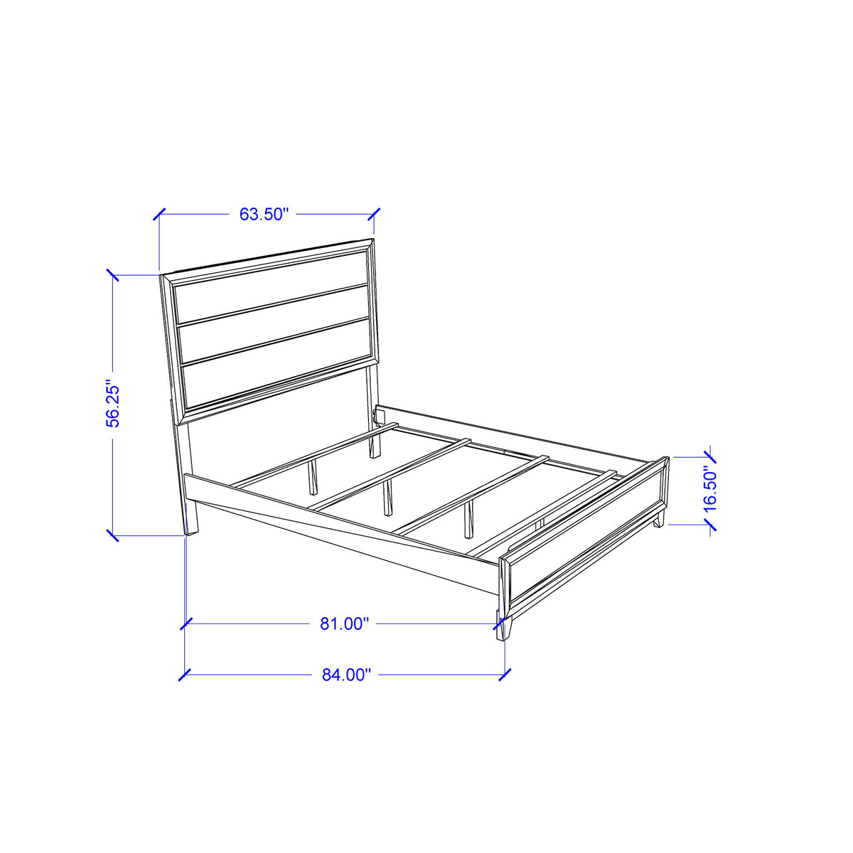 White platform bed frame with three-slat headboard and underbed dimensions
