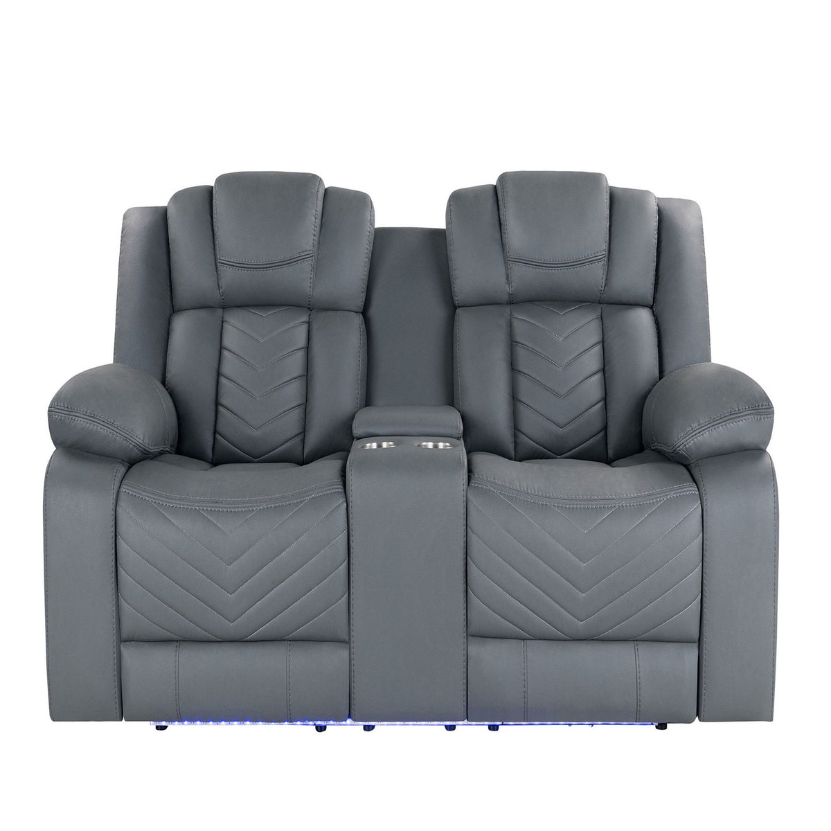 Dark gray power loveseat sofa with center panel, quilted cushions, and blue LED base