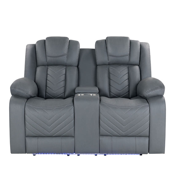 Dark gray power loveseat sofa with center panel, quilted cushions, and blue LED base