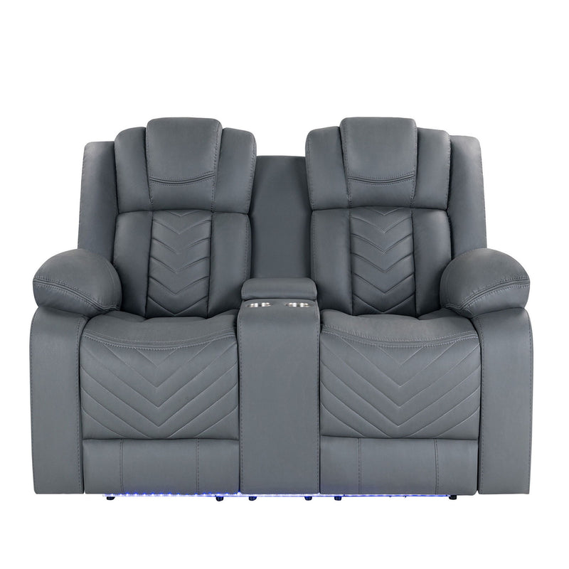Dark gray power loveseat sofa with center panel, quilted cushions, and blue LED base
