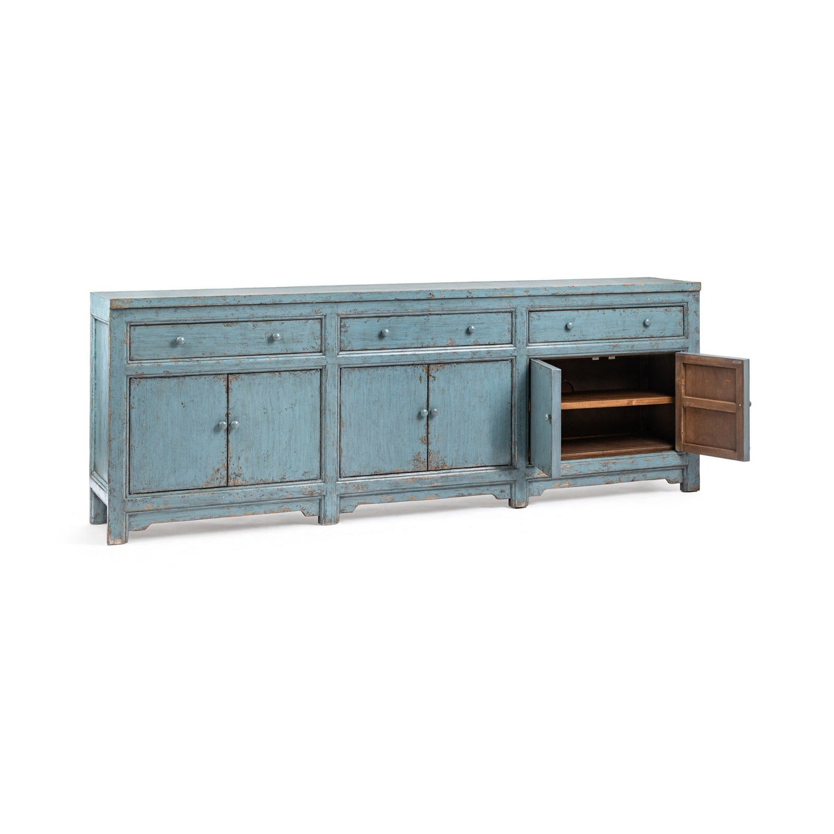 Harbor blue sideboard cabinet with open door revealing interior storage shelves