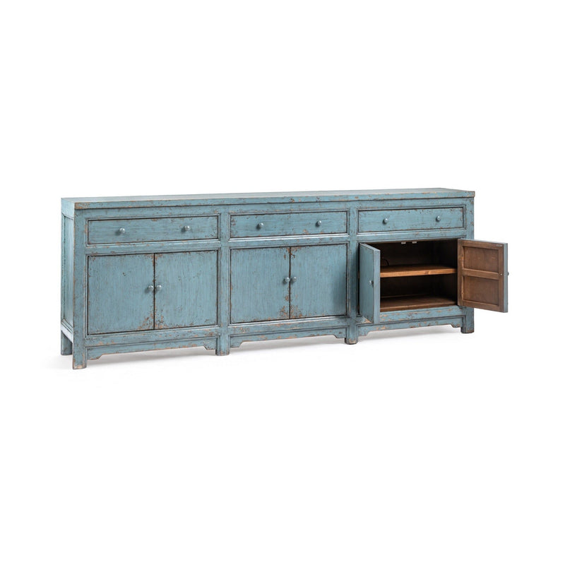 Harbor blue sideboard cabinet with open door revealing interior storage shelves