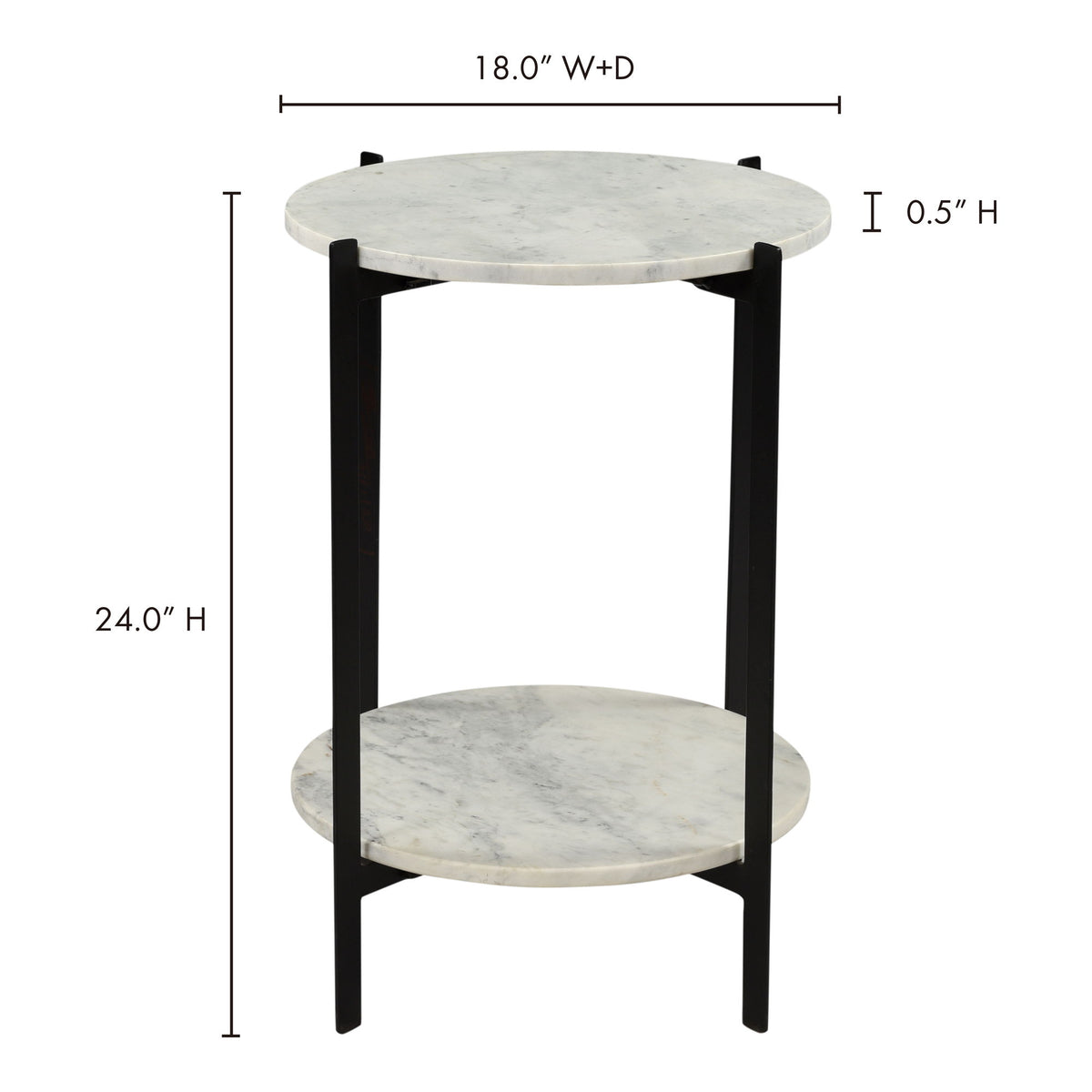 Small round accent table: white marble-look top, lower shelf, black frame