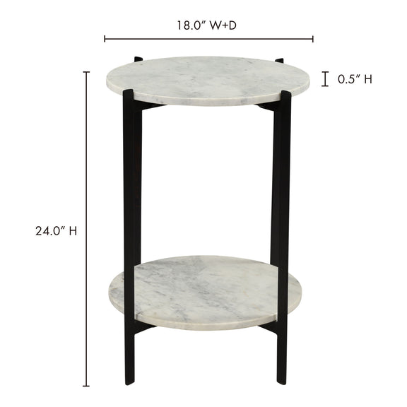 Small round accent table: white marble-look top, lower shelf, black frame