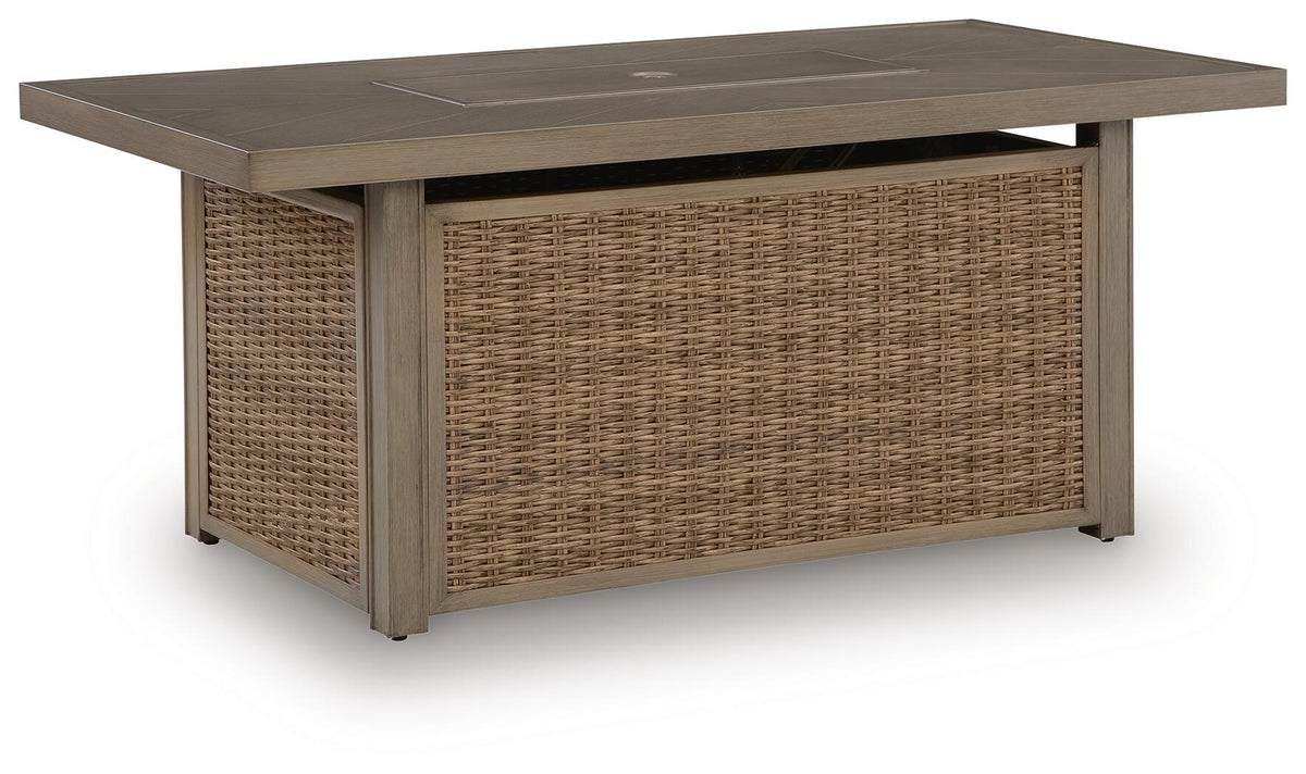 Rectangular fire pit table with beige woven wicker body and dark tabletop, empty fire bowl