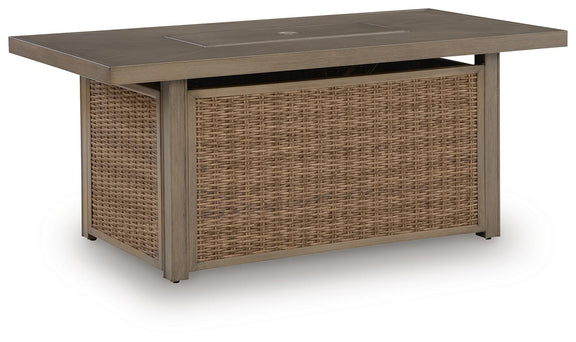 Rectangular fire pit table with beige woven wicker body and dark tabletop, empty fire bowl