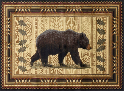 Rectangular lodge area rug, cream background with black bear silhouettes and dark border