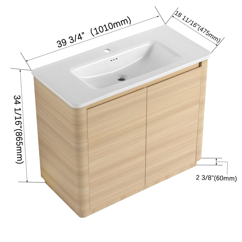 Light brown freestanding bathroom vanity with integrated sink, two doors, wider cabinet