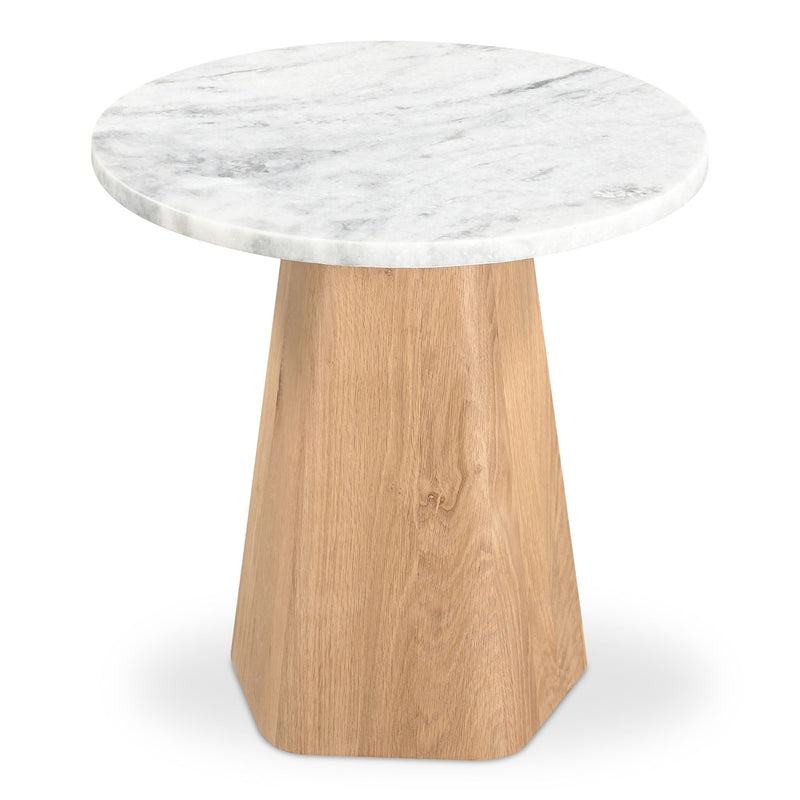 Round accent table with speckled grey marble-look tabletop and tapered wood base.