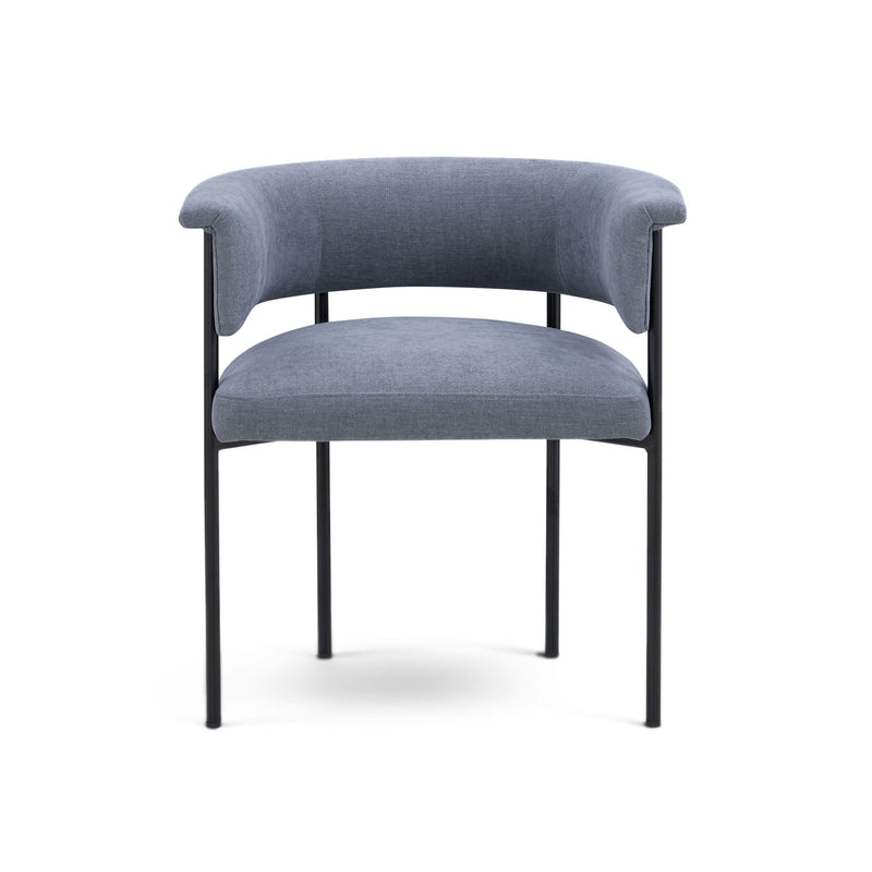 Blue upholstered dining chair with curved back, padded seat, and black metal legs