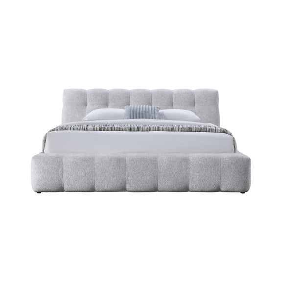 Gray queen upholstered bed with padded headboard and footboard