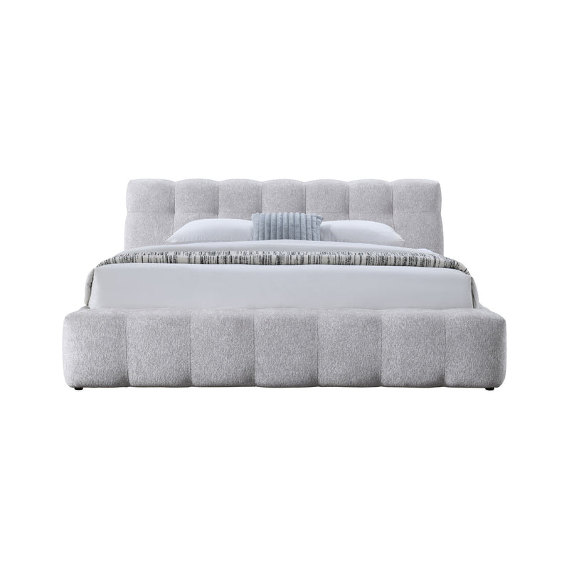 Gray queen upholstered bed with padded headboard and footboard