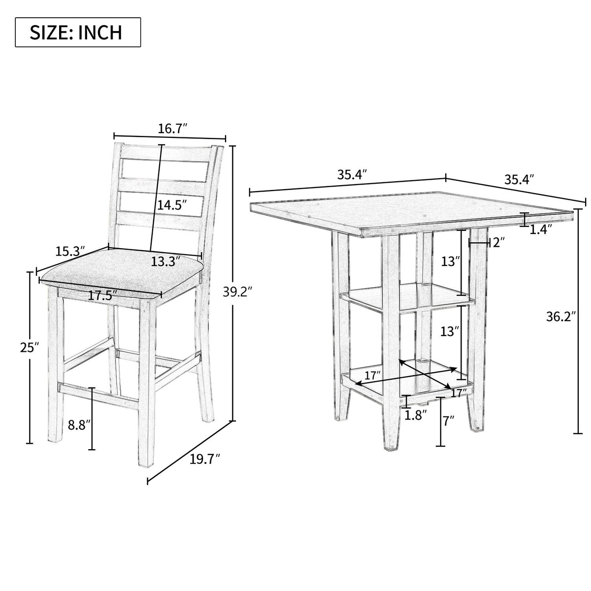 5 Piece Wooden Counter Height Dining Set With Padded Chairs, Storage Shelving