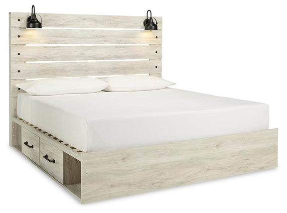 Beige panel bed frame with white mattress, two front drawers and open side shelf