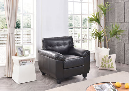 Black accent chair with plush arms and tufted backrest, smooth leather-look