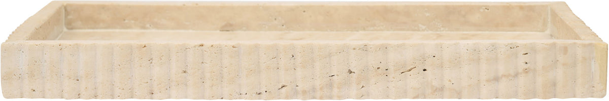 Beige travertine tray with textured side walls and low open profile