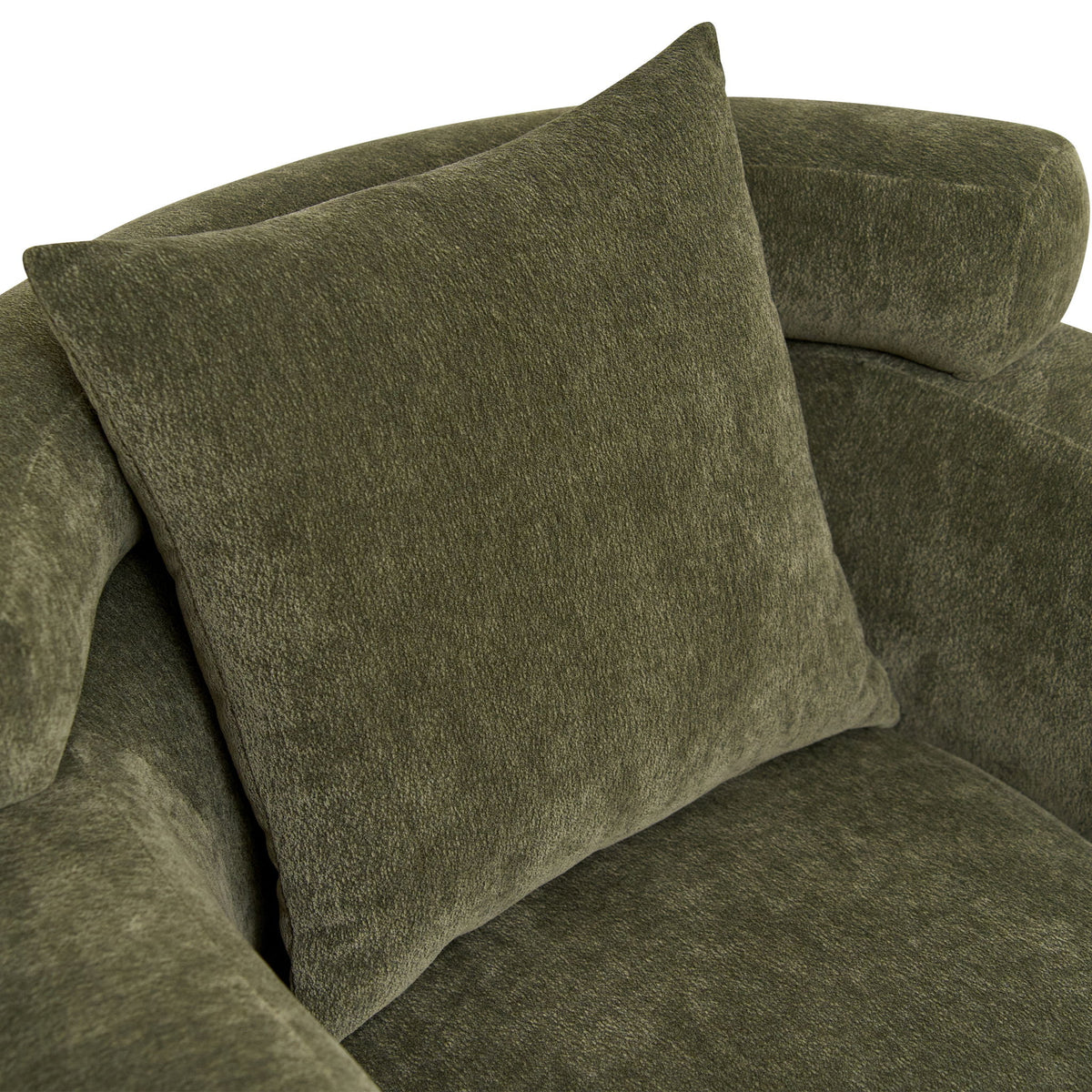 Olive green accent chair back pillow detail on soft upholstered seat