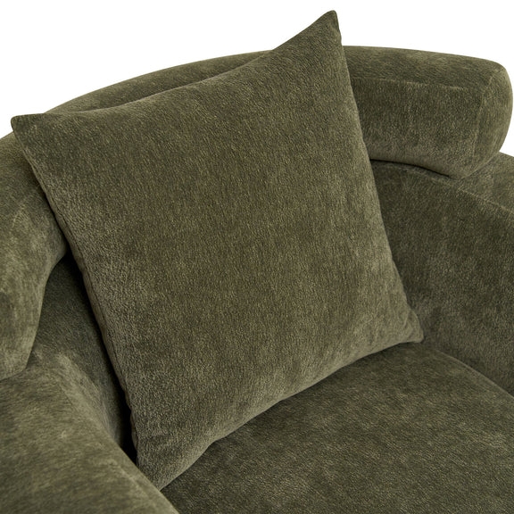 Olive green accent chair back pillow detail on soft upholstered seat
