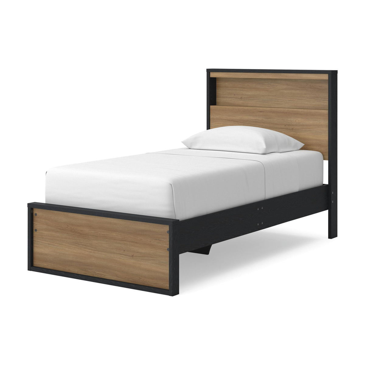 Dark brown bookcase bed frame with wood headboard panel and white mattress