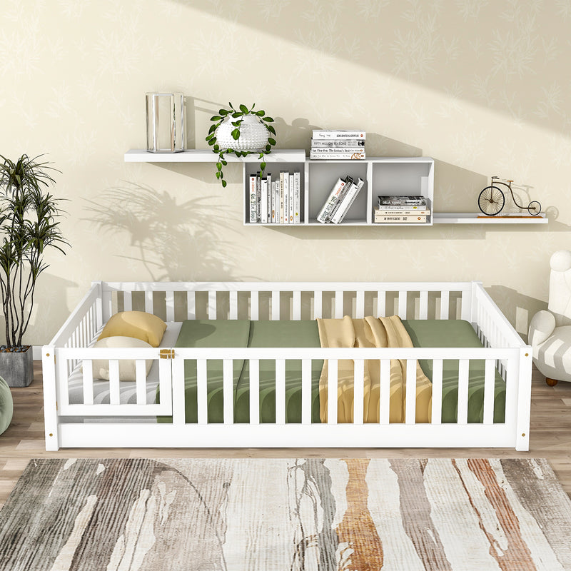 Full Size Floor Bed with Fence and Door, Rubber Wood Floor Bed with Safety Guardrails, White