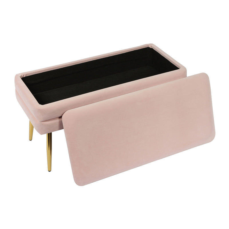 Ziva velvet storage bench in blush pink with open lid and dark interior.