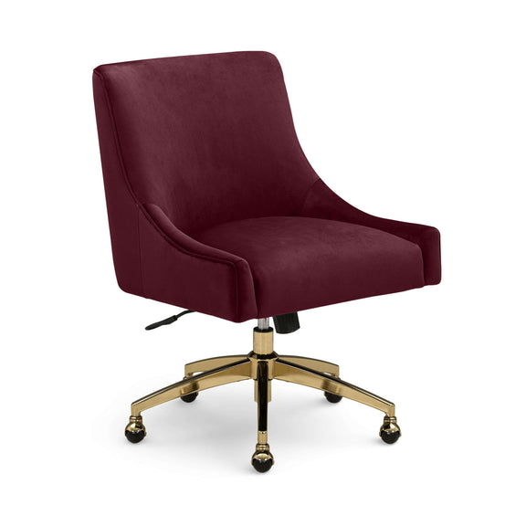 Dark burgundy office swivel chair with padded arms, gold base, and rolling casters