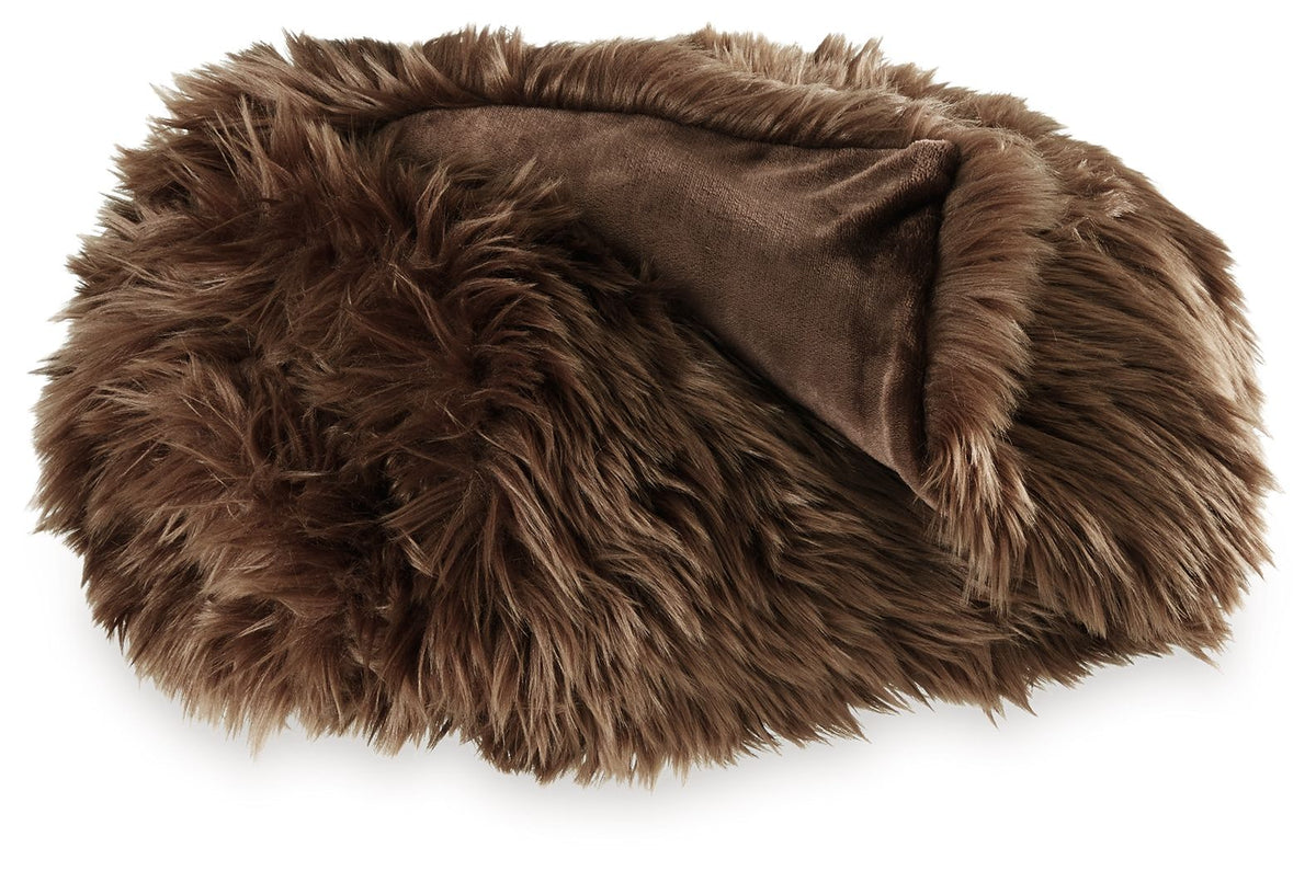 Brown faux fur throw with shaggy border, folded over